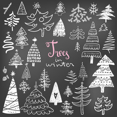 Funny doodle christmas pine trees icons collection. Hand kids dr