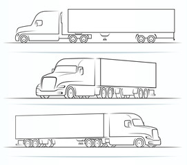 American road train silhouettes, outlines, contours. Side and perspective view of the semi truck with a trailer. Vector illustration isolated on white background © vectorcreator