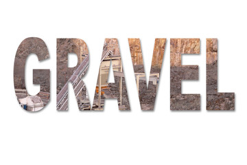The word gravel with an image of a stone quarry mine inside the word text