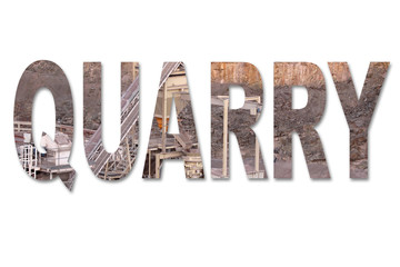 The word quarry with an image of a stone quarry mine inside the word text