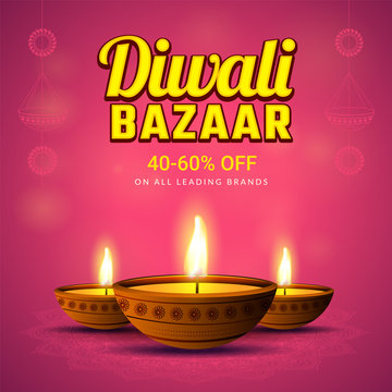 40-60% discount offer on Diwali Bazaar with illustration of illuminated oil lamps on shiny pink background for festival celebration concept.
