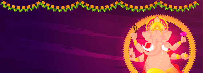 Website header banner design with Lord Ganesha statue on abstract purple background for Ganesh Chaturthi festival celebration.