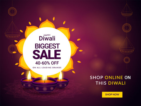 Happy Diwali Biggest Sale poster or banner design with 40-60% discount offer and illuminated oil lamps on shiny purple background.