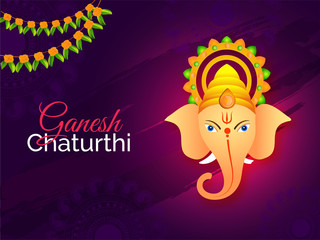 Ganesh Chaturthi festival template or flyer design with Lord Ganesha face on abstract purple background.