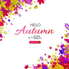 Hello autumn 50% sale. Promo card with colorful leaves.