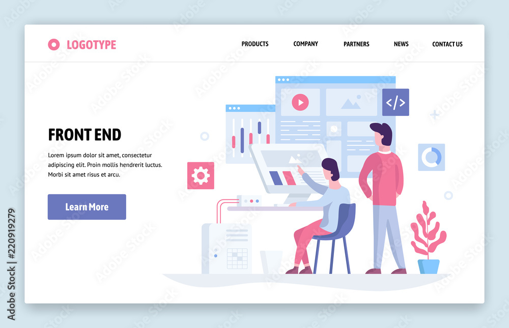 Aufkleber vector web site linear art design template. front end development team using futuristic dashboard an