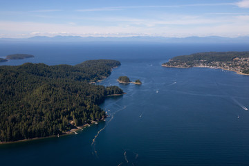 Fototapeta na wymiar Aerial view of Keats Island during a sunny summer day. Located in Howe Sound, Northwest of Vancouver, BC, Canada.
