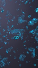 Digital currency symbol Bitcoin on a dark background. Fall of bitcoin. Cryptocurrency graph on virtual screen. Business, Finance and technology concept. 3D illustration