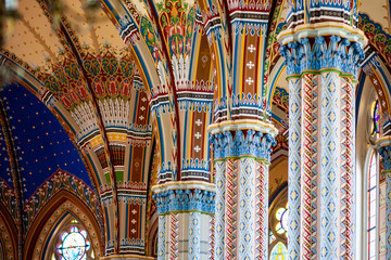 Color interior details of a catholic neogothic cathedral