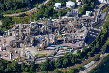 Aerial view of oil refinery in Port Moody, Greater Vancouver, BC, Canada.
