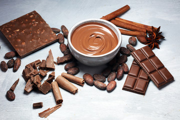 Melting chocolate  or melted chocolate with a chocolate swirl. Many stack and chips with powder.