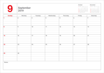 September 2019 desk calendar vector illustration