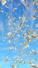 Flying dollars banknotes against the sky background. Money is flying in the air. 100 US banknotes new sample. 3D illustration