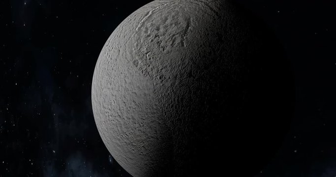Tethys, Saturn's moon, orbiting in the outer space