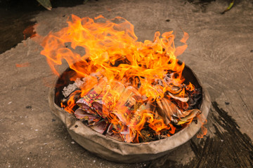 Joss paper burn in fire in Chinese Ghost Festival