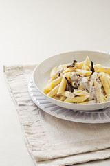 Penne alla norcina - Italian  pasta with  cream sauce and black truffle in white plate, free text space.