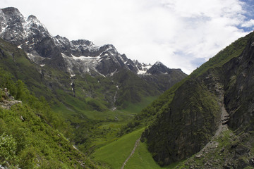 Landscape with mountain backdrop, Valley of Flowers, Uttarakhand, India