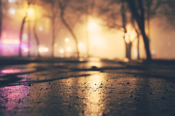 Alley of the evening misty park with burning lanterns, trees and benches. Night city autumn park
