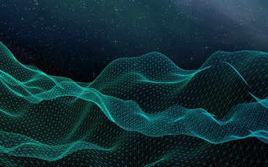 Star horizon. Abstract landscape on a dark background. Cyberspace grid. Hi-tech network. Outer space. Starry outer space texture. 3D illustration