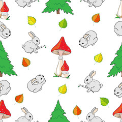 Seamless pattern. Bunnies, fly agaric, spruce and leaves on white background.
