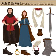 Medieval European old retro fashion style of man knight and woman clothes garments and personal accessories.