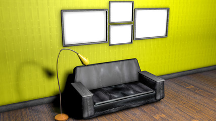 Interior of the room with a sofa and floor lamp and empty walls. 3D rendering