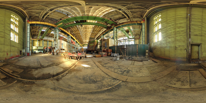 Spherical panorama of abandoned plant. Full 360 by 180 degree in equirectangular projection.
