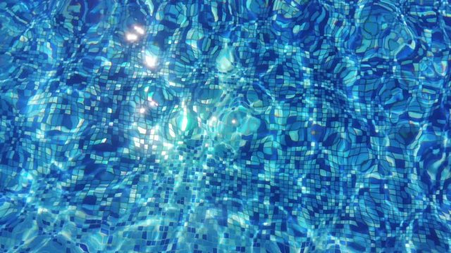 Mosaic bottom of the pool. Abstract blue water background in real time. Brilliant Sparkles From Sun on blue pool water surface. 4K water surface