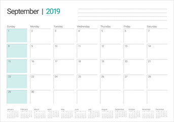 September 2019 desk calendar vector illustration