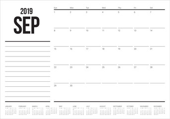 September 2019 desk calendar vector illustration