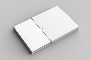 Square slipcase book mock up isolated on soft gray background. 3D illustration