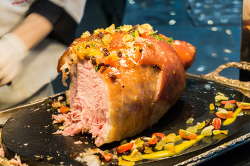 Roast pork meat steak with herb and pepper sauce