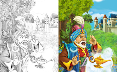 Obraz premium cartoon scene with prince or king near the majestic castle illustration for children 