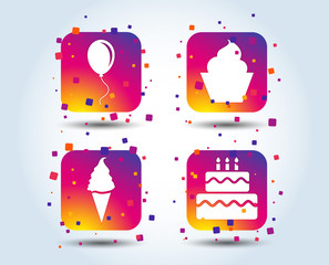 Birthday party icons. Cake with ice cream signs. Air balloon with rope symbol. Colour gradient square party buttons. Flat design concept. Vector