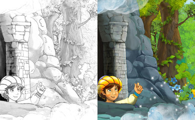 cartoon scene with prince or king traveling near arabian castle- illustration for children