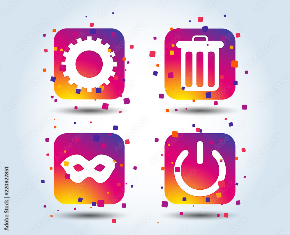 Aufkleber anonymous mask and cogwheel gear icons. recycle bin delete and power sign symbols. colour gradient s