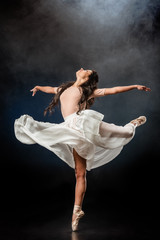 beautiful young ballerina in white skirt dancing on dark background with smoke around