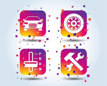 Transport icons. Car tachometer and automatic transmission symbols. Repair service tool with wheel sign. Colour gradient square buttons. Flat design concept. Vector