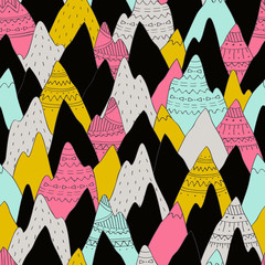 Vector seamless pattern with decorative mountains in scandinavian style with ethnic hand drawn ornaments.