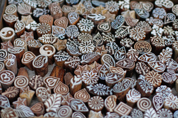 Wooden stamps with patterns and symbols for printing textile