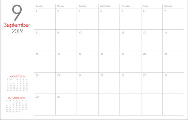 September 2019 desk calendar vector illustration