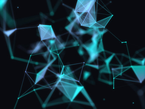 Abstract 3d technology futuristic geometrical and science neon visualization. Plexus digital wallpaper. Business concept. Big data and artificial intelligence. Rendering computer virtual reality