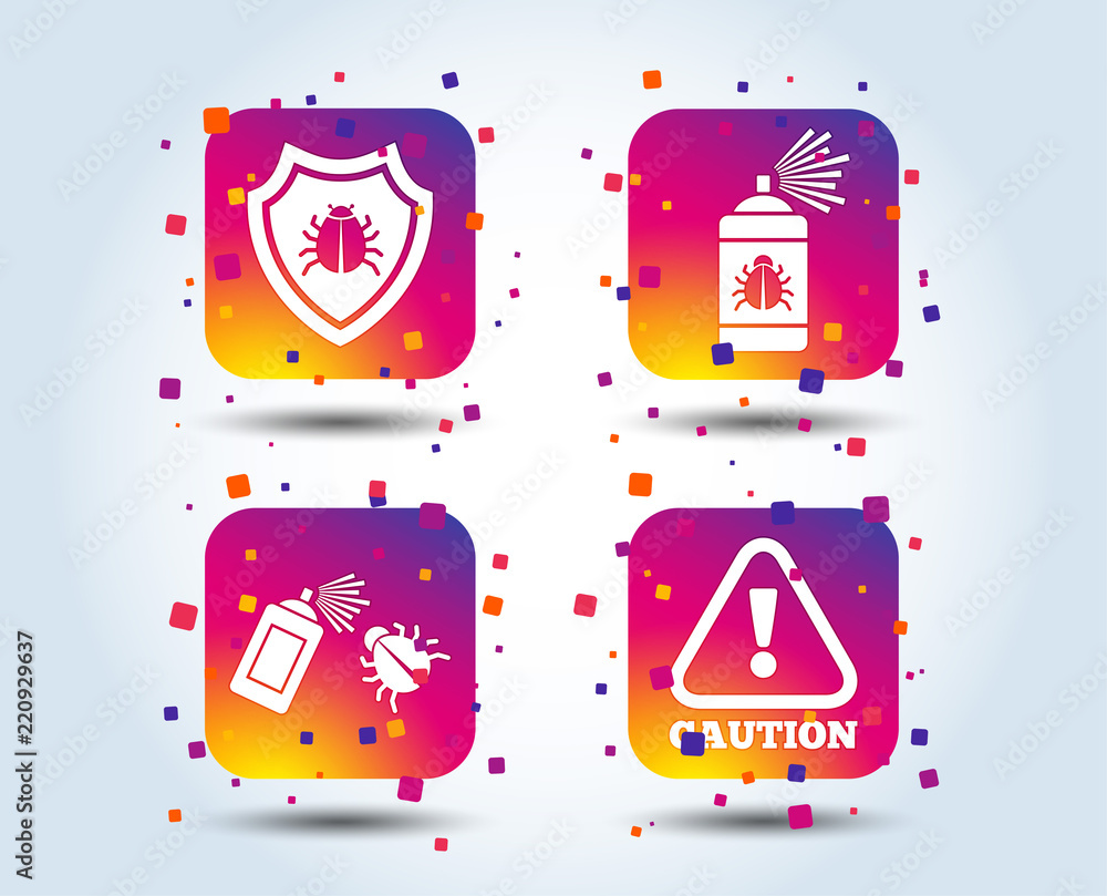 Aufkleber bug disinfection icons. caution attention and shield symbols. insect fumigation spray sign. colour g