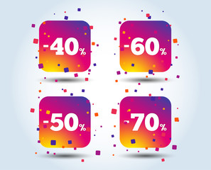 Sale discount icons. Special offer price signs. 40, 50, 60 and 70 percent off reduction symbols. Colour gradient square discount buttons. Flat design concept. Vector