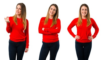 Obraz premium Set of Young blonde woman keeping arms crossed and doing coming gesture