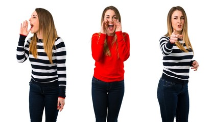 Fototapeta premium Set of Young blonde woman shouting with mouth wide open