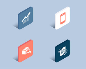 Set of Demand curve, Search package and Smartphone icons. Marketing sign. Statistical report, Tracking service, Cellphone or phone. Article.  3d isometric buttons. Flat design concept. Vector