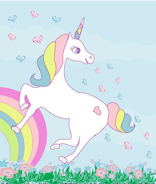 Card with a cute unicorn rainbow