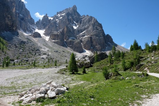 paesaggio montagna natura viaggi boscp verde alberi parco cime rocce neve vewduta cielo azzurro