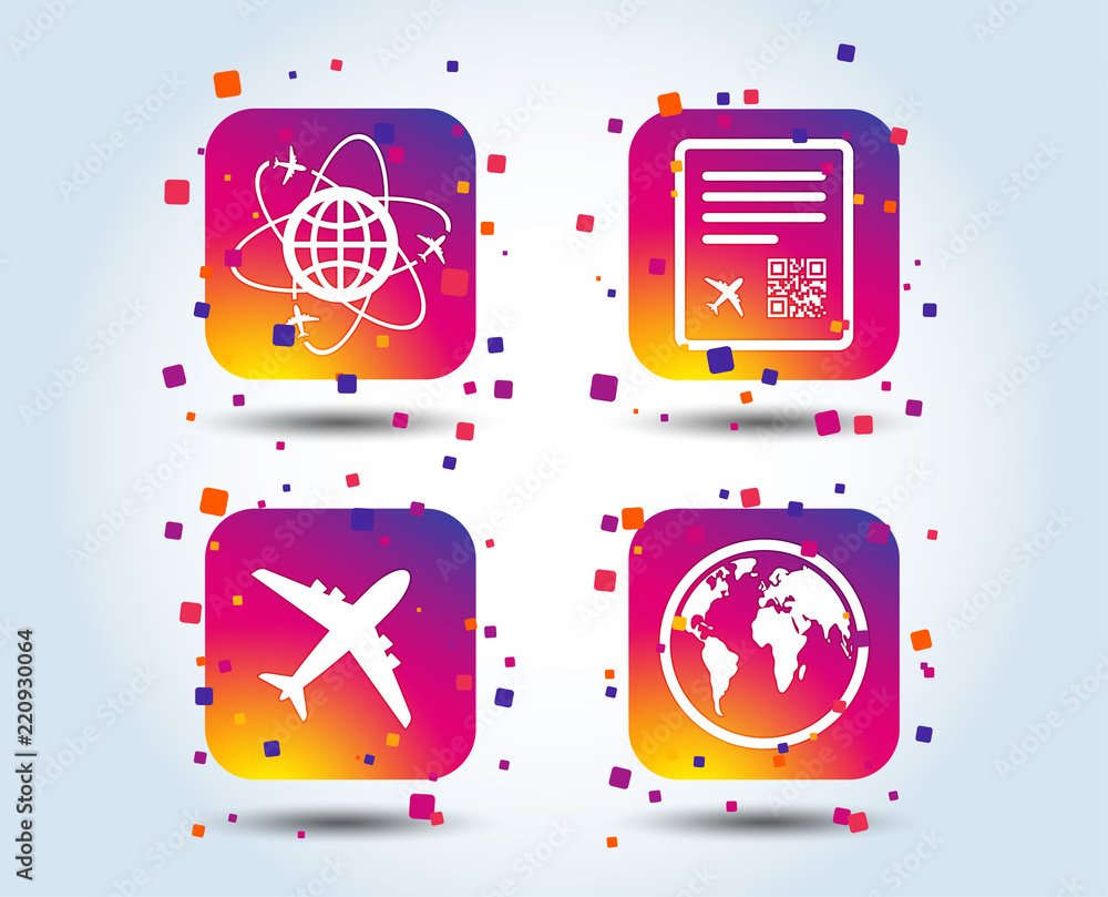 Poster airplane icons. world globe symbol. boarding pass flight sign. airport ticket with qr code. colour g